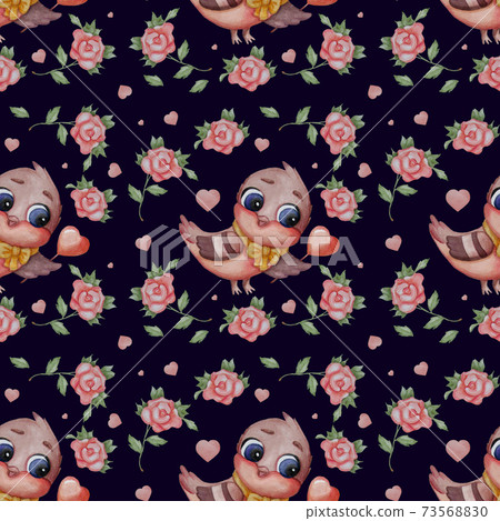 Seamless patterns. Cute titmouse with a bow and a heart in the wing on a dark blue background with hearts and roses. Watercolor. For valentines, print, packaging, decor, wallpaper and design Seamless patterns. Cute titmouse with a bow and a heart in the wing on a dark blue background with hearts and roses. Watercolor. For valentines, print, packaging, decor, wallpaper and design 73568830