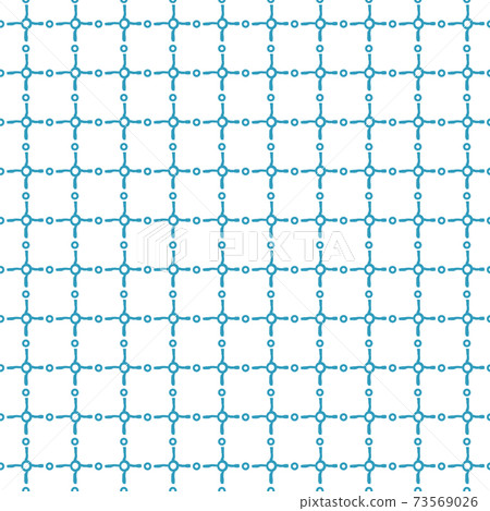 Blue and white repeat seamless pattern. Drawing is composed of rough squares, grid, circles and twisted dotted lines 73569026
