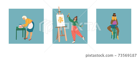 A set of three girls engaged in hobbies - drawing, reading, cooking. Vector flat illustration. Womens entertainment at home. A set of three girls engaged in hobbies - drawing, reading, cooking. Vector flat illustration. Womens entertainment at home. 73569187