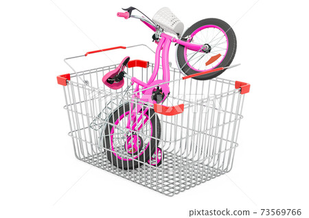 Kids bicycle inside shopping basket, 3D rendering Kids bicycle inside shopping basket, 3D rendering 73569766