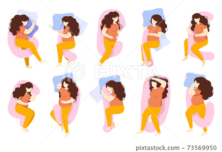 Pregnant sleeping poses. Woman comfortable sleeping poses, pregnant healthy night sleep. Various preggo sleep pose vector illustration set Pregnant sleeping poses. Woman comfortable sleeping poses, pregnant healthy night sleep. Various preggo sleep pose vector illustration set 73569950