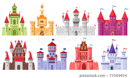 Fairytale medieval towers. Cartoon royal kingdom towers, old ancient magic castles vector illustration set. Medieval architecture stone castle 73569954