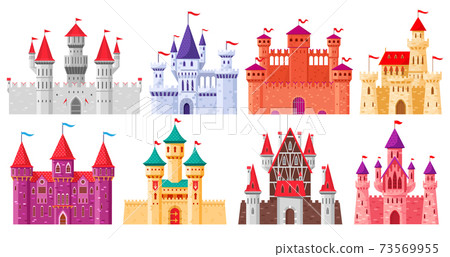 Cartoon medieval castles. Fairytale medieval towers, historical royal kingdom castles. Ancient fortress castles cartoon vector illustration set 73569955