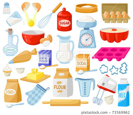 Cartoon baking ingredients. Bakery ingredients, baking flour, eggs, butter and milk vector illustration set. Pastry prepare cooking ingredients 73569962