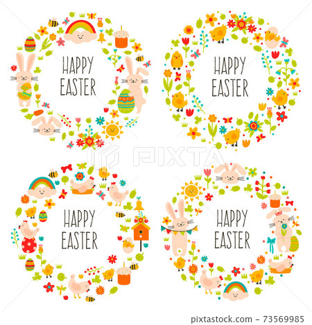 Easter wreaths. Cute doodle spring decorations, wreath with spring eggs, rabbit and flowers. Happy easter decoration vector icons illustration set Easter wreaths. Cute doodle spring decorations, wreath with spring eggs, rabbit and flowers. Happy easter decoration vector icons illustration set 73569985