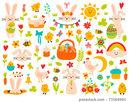 Easter spring elements. Eggs, rabbit, flowers and chickens, cute easter theme symbols. Holiday easter icons cartoon vector illustration set Easter spring elements. Eggs, rabbit, flowers and chickens, cute easter theme symbols. Holiday easter icons cartoon vector illustration set 73569993
