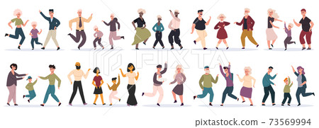 Happy dancing families. Parents dancing with children, mom, dad and kids having fun together, party at home. Family celebrating vector illustration set Happy dancing families. Parents dancing with children, mom, dad and kids having fun together, party at home. Family celebrating vector illustration set 73569994