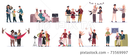 Family activities. Mother, father and children playing, cooking and decorate house together vector illustrations. Happy family active recreations 73569997