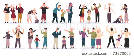 Aggressive parents. Fighting mother and father screaming to children, domestic violence. Family conflicts and aggression vector illustration set Aggressive parents. Fighting mother and father screaming to children, domestic violence. Family conflicts and aggression vector illustration set 73570003