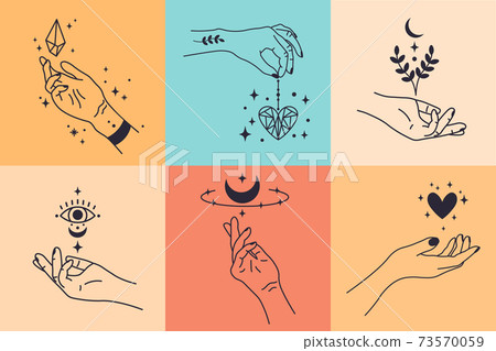Female hands. Hand drawn minimal hand gestures. Feminine arms with crystal, heart and flower vector illustration set Female hands. Hand drawn minimal hand gestures. Feminine arms with crystal, heart and flower vector illustration set 73570059