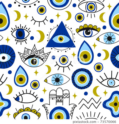 Abstract eyes pattern. Evil hand drawn turkish eyes trendy backdrop. Contemporary magical eye talisman seamless vector pattern 73570066