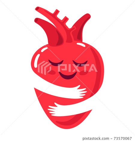 Love yourself. Cute heart mascot hugs himself, happy heart character. Self care and health vector illustration Love yourself. Cute heart mascot hugs himself, happy heart character. Self care and health vector illustration 73570067