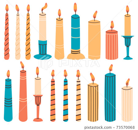 Wax burning candles. Hand drawn decorative element, aromatherapy burning colorful candles. Holiday decorative candles vector illustration set Wax burning candles. Hand drawn decorative element, aromatherapy burning colorful candles. Holiday decorative candles vector illustration set 73570068