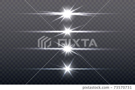 Flare light set. Silver glowing light on transparent background. Bright stars collection. Optical sun flash effect. Shining elements collection for advertisement. Vector illustration 73570731