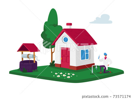 Man at House Front Yard Holding Test Tube with Aqua Sample Testing Groundwater or Artesian Water for Well Drilling Man at House Front Yard Holding Test Tube with Aqua Sample Testing Groundwater or Artesian Water for Well Drilling 73571174