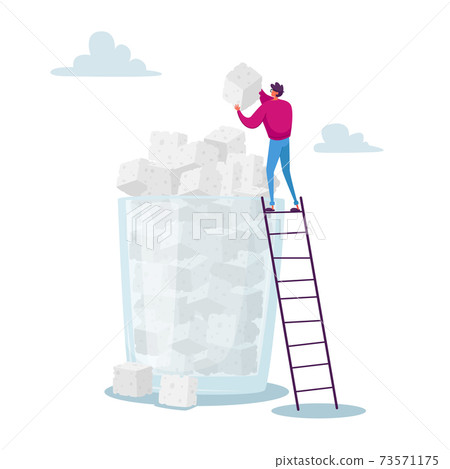 Sugar Addiction Concept. Tiny Character Stand on Ladder Put Sugar Cube on Top of Huge Pile in Glass. Overdose Glucose Sugar Addiction Concept. Tiny Character Stand on Ladder Put Sugar Cube on Top of Huge Pile in Glass. Overdose Glucose 73571175