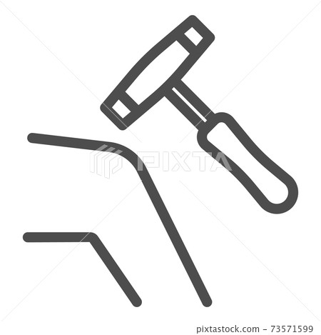 Human knee with medical hammer line icon, Heath care concept, checking knee reaction with hammer sign on white background, Medical reflex hammer icon in outline style. Vector graphics. 73571599