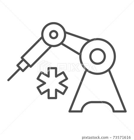 Medical robot and star of life thin line icon, Innovative medicine concept, Robotic surgical tool sign on white background, Medical inject robot icon in outline style for mobile. Vector graphics. 73571616