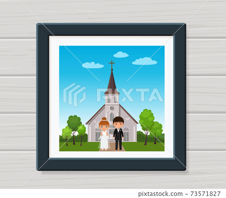 Wedding couple. Newlyweds in frame on background of church. Cartoon flat style 73571827