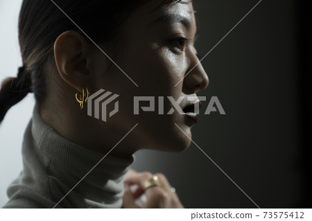 Dramatic female portrait in light and shadow Dramatic female portrait in light and shadow 73575412