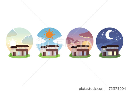 早晨、中午、傍晚和夜間的房屋和天空 73575904