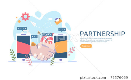 Business partnership relation concept with hand shake and tiny people character. team working together template for web landing page, banner, presentation, mockup, social media. Vector illustration. 73576069