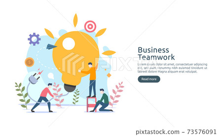 teamwork business brainstorming Idea concept with big yellow light bulb lamp, tiny people character. creative innovation solution. template for web landing page, banner, presentation, social media 73576091