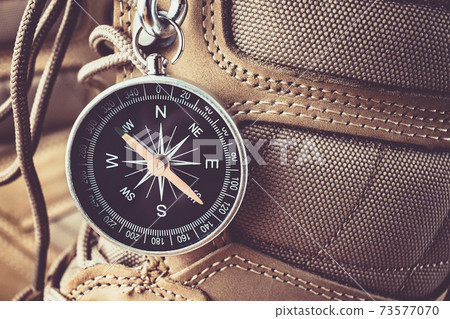 Compass and various camping equipment. Adventure and travel concept Compass and various camping equipment. Adventure and travel concept 73577070