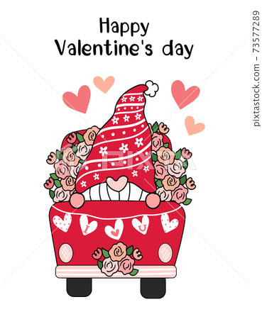 Valentine Gnome in red flower truck with heart I Love You flag, cute cartoon flat vector clip art idea for Valentine card, printable stuff 73577289
