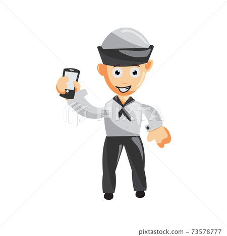 Sailor Man Hold Hand Phone Cartoon Character Stock Illustration