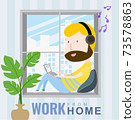 A man working at home on a laptop listening to music on the window. cartoon character, Vector 10 73578863