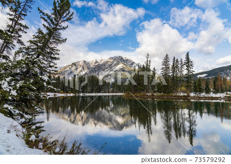 Banff National Park beautiful natural scenery in winter sunny day. Mount Norquay with blue sky, white clouds reflected on Bow River like a mirror. Town of Banff, Canadian Rockies. 73579292