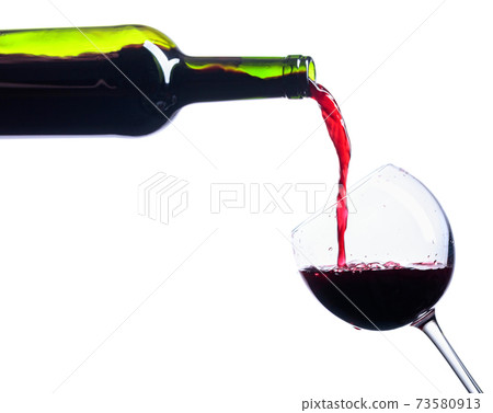 Pouring red wine from bottle to glass isolated on white. Pouring red wine from bottle to glass isolated on white. 73580913