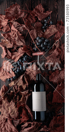 Bottle of red wine with corkscrew. On a table dried vine leaves and blue grapes. 73580993