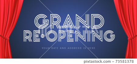 Grand opening or re-opening vector illustration, background with sign and red curtains 73581378