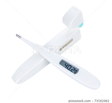 Electronic body thermometer display human body temperature 40.2 grades C (Celsius). Isolated on white. Show signs of heat Electronic body thermometer display human body temperature 40.2 grades C (Celsius). Isolated on white. Show signs of heat 73582062