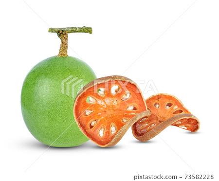 Aegle marmelos and Dry bael fruit, Quince on white background. 73582228