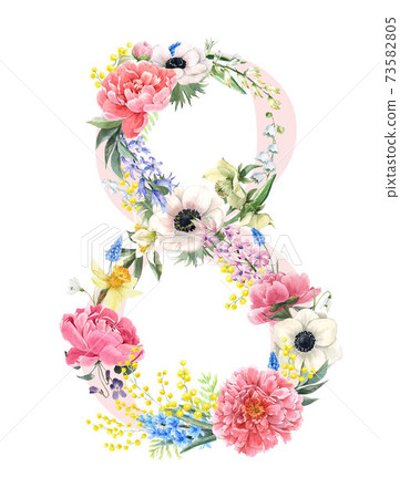 Beautiful floral composition with watercolor hand drawn gentle spring flowers for international women day. Stock illustration. 8 March 73582805