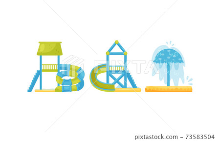 Water Slides and Water Playgrounds as Waterpark or Amusement Park Elements Vector Set 73583504