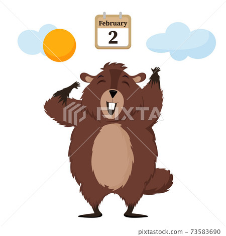 Happy Groundhog Day. Happy groundhog rejoices in spring. Isolated vector illustration on a white background. Happy Groundhog Day. Happy groundhog rejoices in spring. Isolated vector illustration on a white background. 73583690