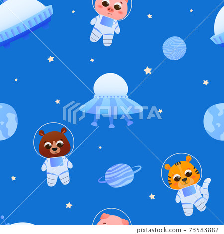 Space seamless pattern with cute animals characters in astronaut costumes and childish spaceships in cartoon style Space seamless pattern with cute animals characters in astronaut costumes and childish spaceships in cartoon style 73583882