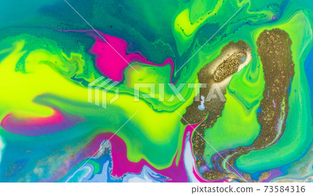 Neon colored marble pattern with golden glitter. Fluorescent liquid background. Artwork abstract bright texture. Neon colored marble pattern with golden glitter. Fluorescent liquid background. Artwork abstract bright texture. 73584316