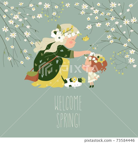 Beautiful mother with her little daughter in spring garden Beautiful mother with her little daughter in spring garden 73584446