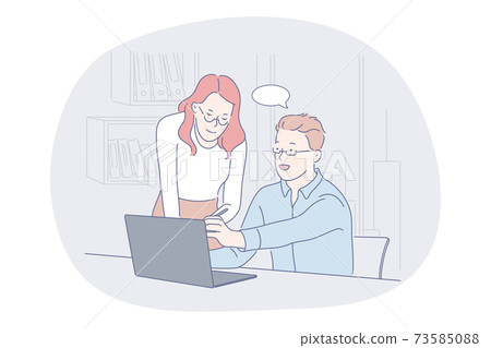 Teamwork, brainstorming, business communication about startup concept Teamwork, brainstorming, business communication about startup concept 73585088