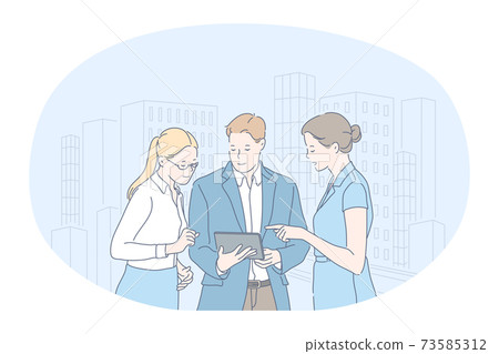 Teamwork, brainstorming, business communication about startup concept Teamwork, brainstorming, business communication about startup concept 73585312