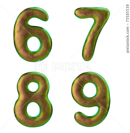 Set of numbers 6, 7, 8, 9 made of realistic 3d render gold color. Collection of natural snake skin texture style symbol 73585539