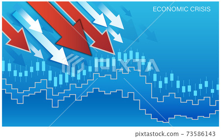 The global economic and financial crisis. Graph of falling stock prices, currency fluctuations. Red and white arrows head down. Decrease in the financial value of companies. Vector illustration. The global economic and financial crisis. Graph of falling stock prices, currency fluctuations. Red and white arrows head down. Decrease in the financial value of companies. Vector illustration. 73586143