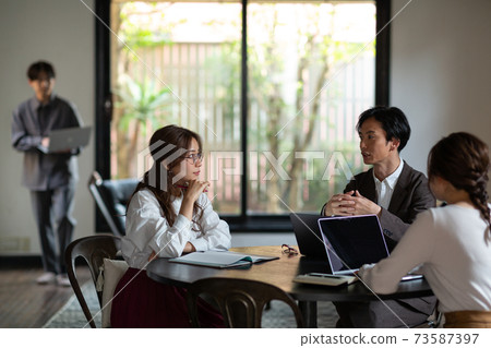 Young men and women having a meeting Young men and women having a meeting 73587397