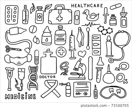 Medical doodle poster with medicines, test... - Stock Illustration ...