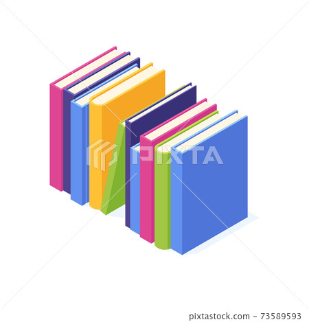 Stack of standing paper books with hard cover isometric. 73589593